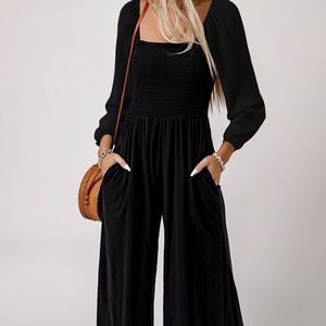 Smocked neck wide leg romper